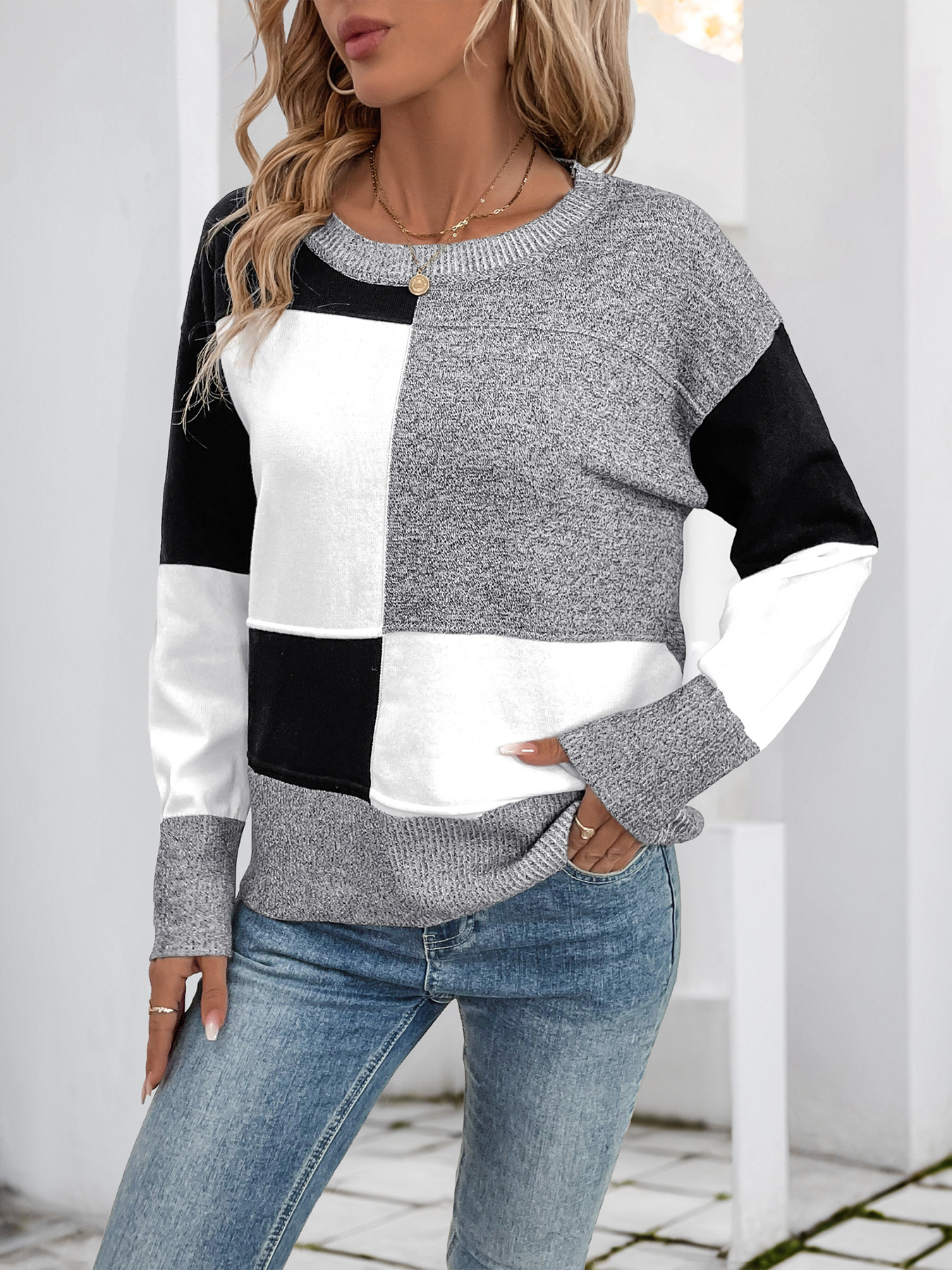 Color Block Knit Long Sleeve Sweater