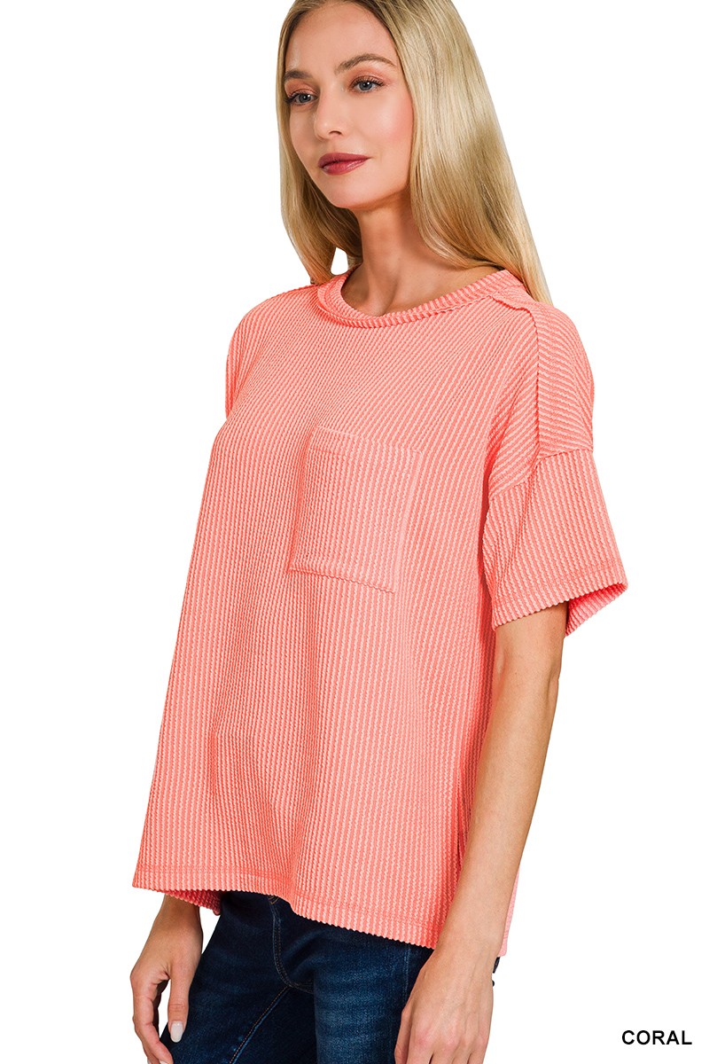 Raised Rib Exposed Seam Short Sleeve Top