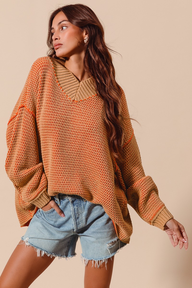 Oversized Two Tone Textured V Neck Sweater