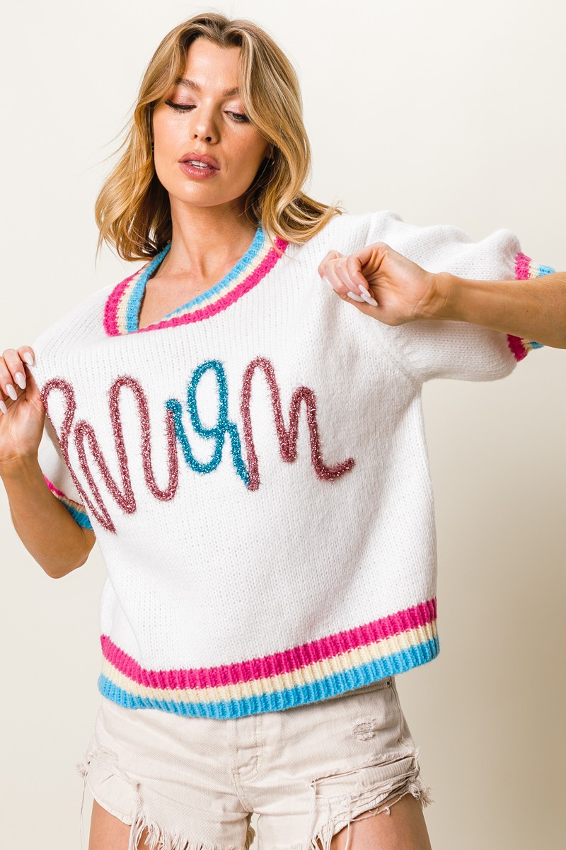 Metallic Letter Short Puff Sleeve Sweater