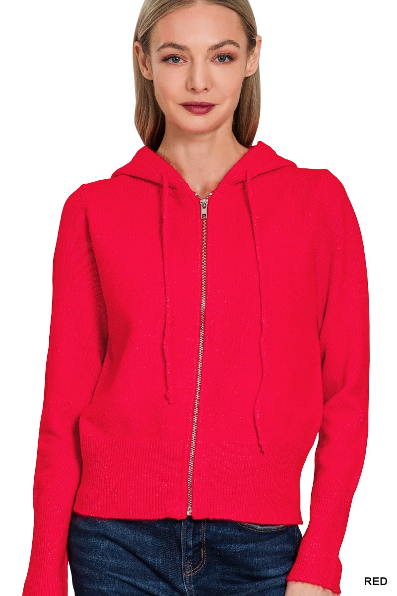 Zenana Drawstring Zip Up Hooded Cardigan