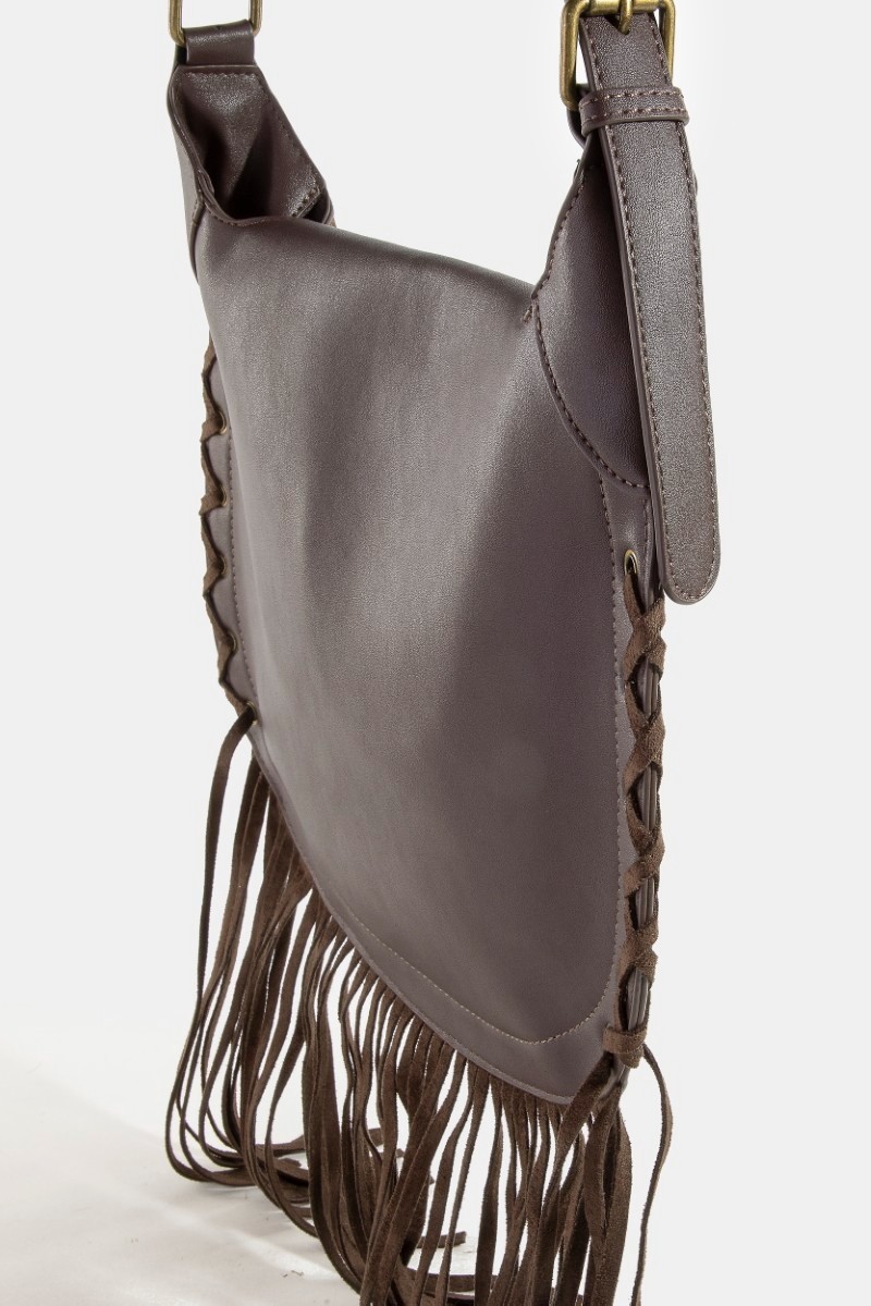 Fame Rivet Trim Suede Fringe Shoulder Bag