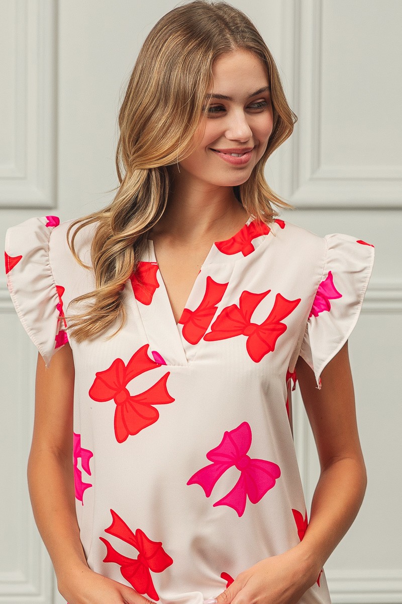 Bow Printed Woven Ruffled Sleeves V Neck Top