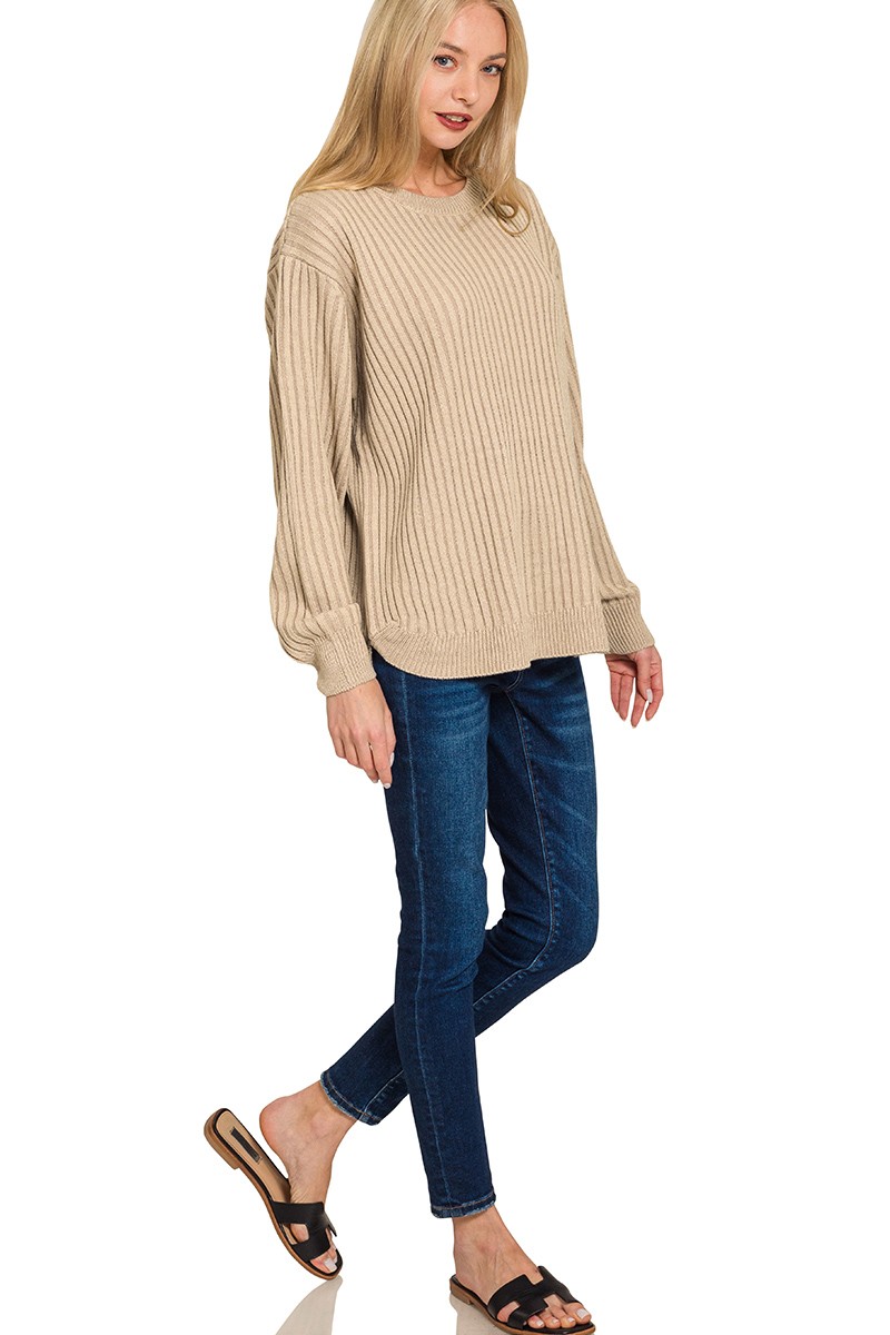 Curved Hem Two-Tone Ribbed Sweater