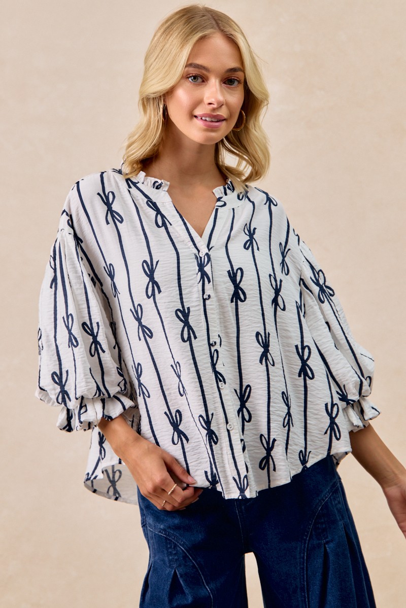 Bow Ribbon Printed Woven Bubble Sleeves Top