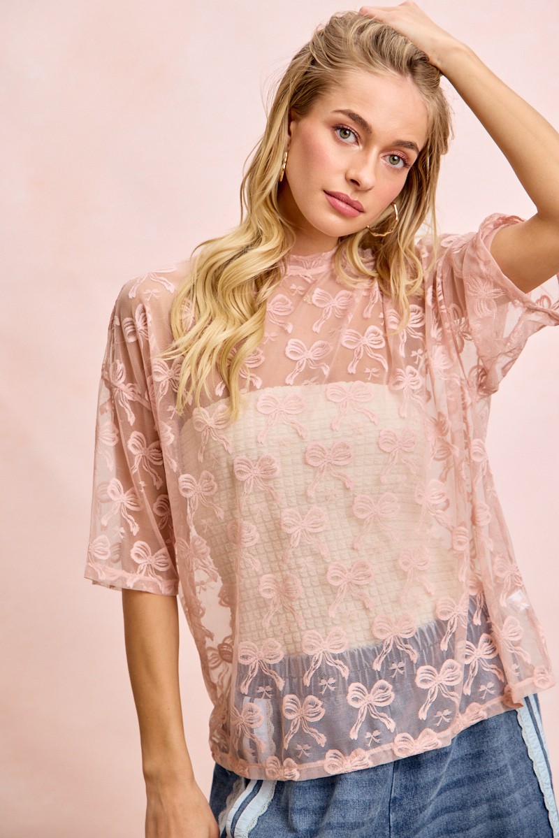 Bow Pattern Short Sleeves Boxy Mesh Top