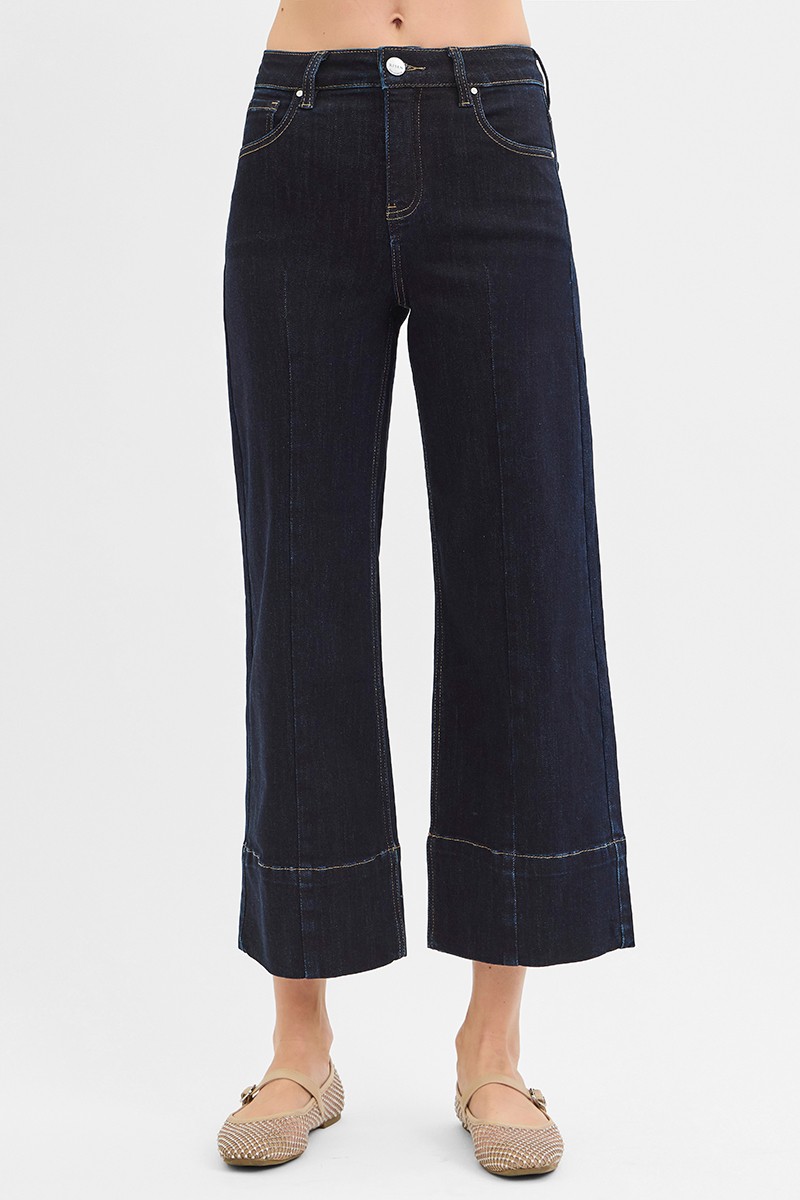 Risen Tummy Control High Rise Crop Wide Seam Detailed Jeans