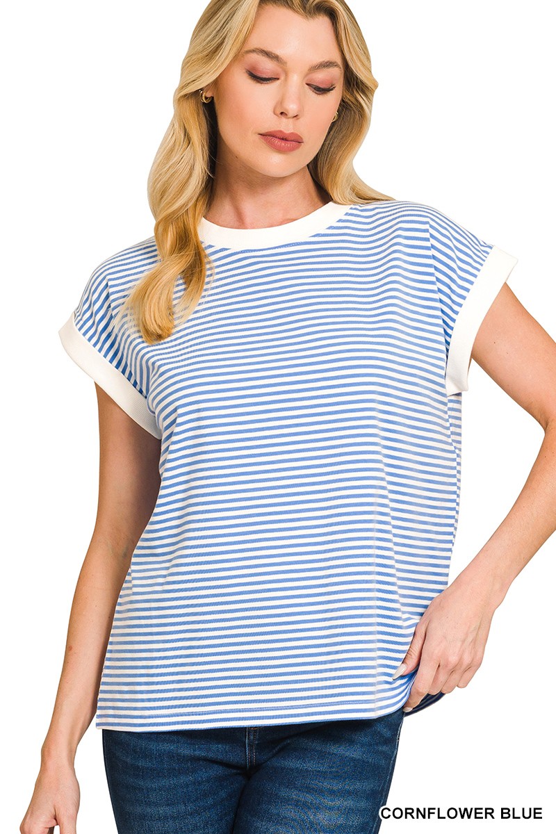 Zenana Striped Round Neck Short Sleeve Contrast Trim T-Shirt