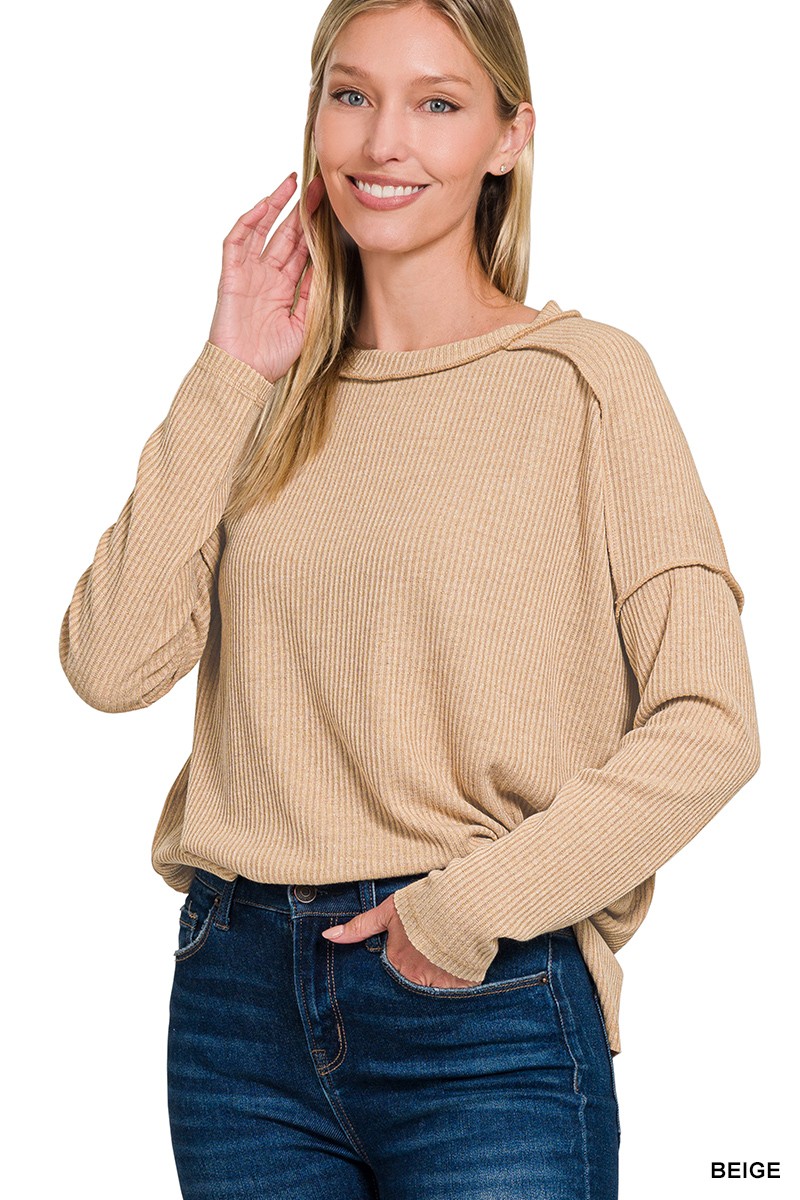 Ribbed Drop Shoulder Round Neck Sweater