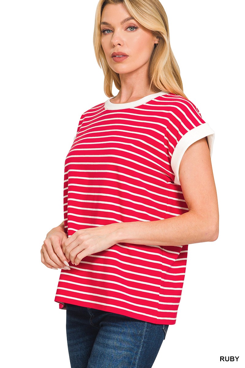 Full Size Contrast Trim Cap Sleeve Stripe Tee Plus Size