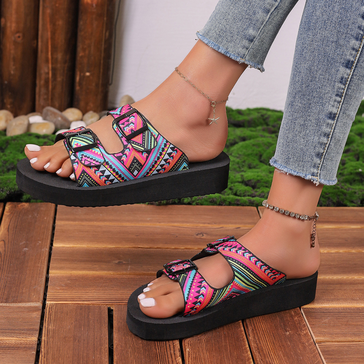 Ethnic Print Double Buckle Sandals
