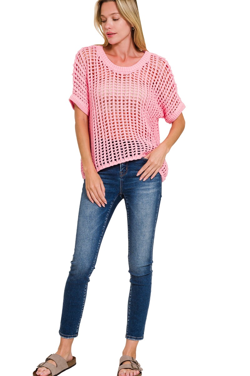 Fish Net Short Sleeve Crochet Knit Cover Up