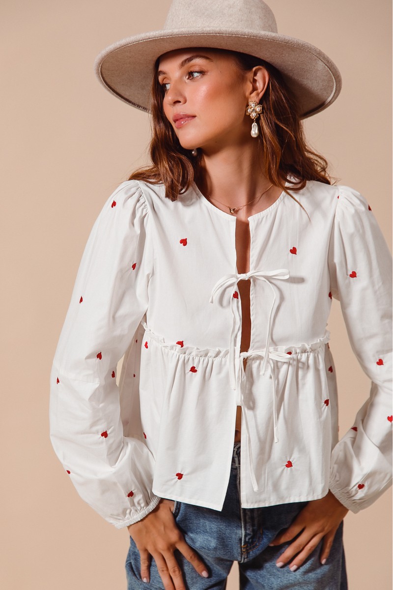 Front Tie Heart Embroidered Blouse With Puff Sleeve