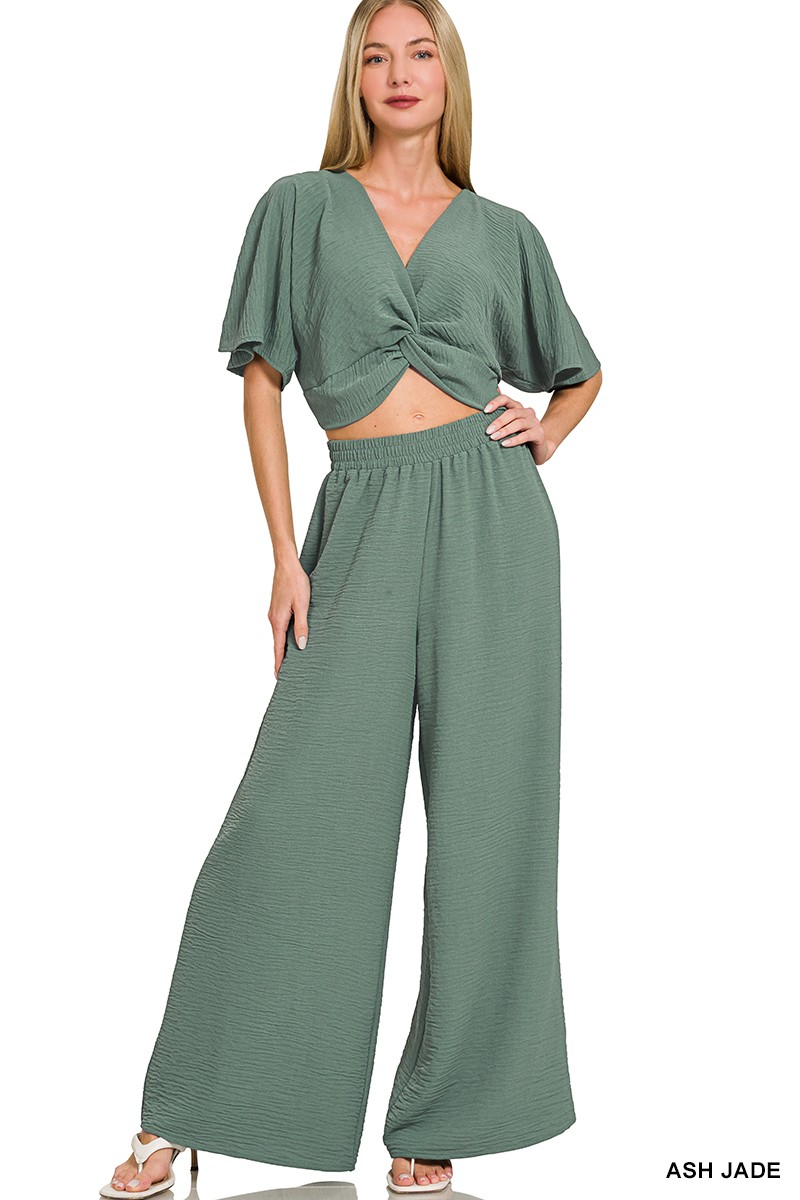 Zenana Woven Airflow Twisted Top & Wide Leg Pants Set