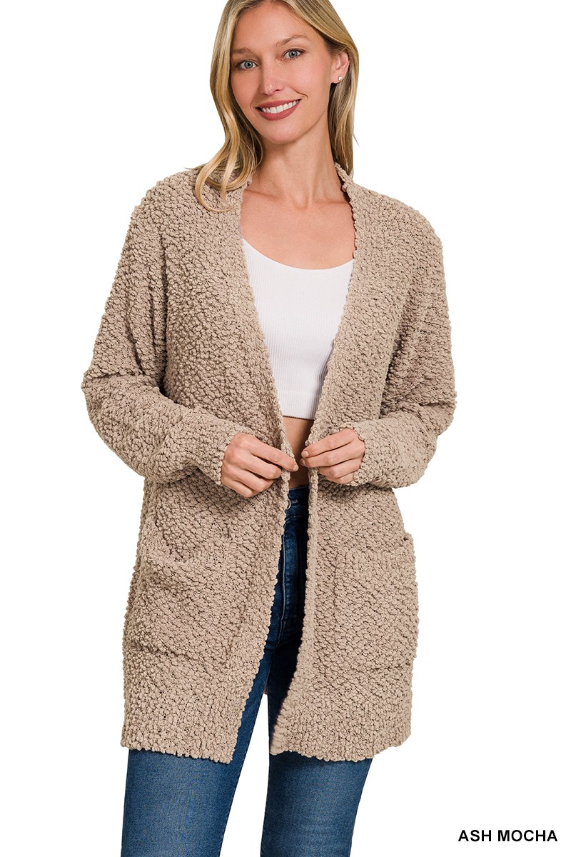 Zenana Long Sleeve Popcorn Sweater Cardigan with Pockets
