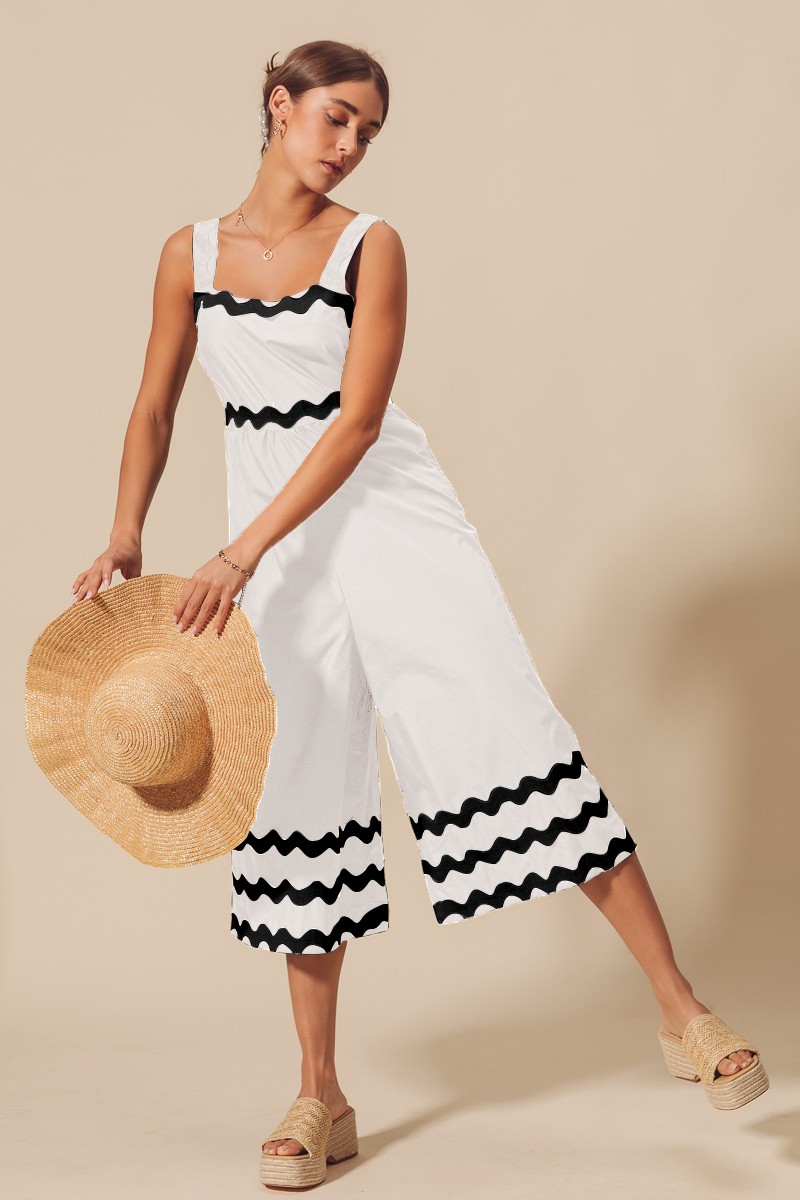 SO ME Scallop Ric Rac Trimmed Wide Leg Jumpsuit