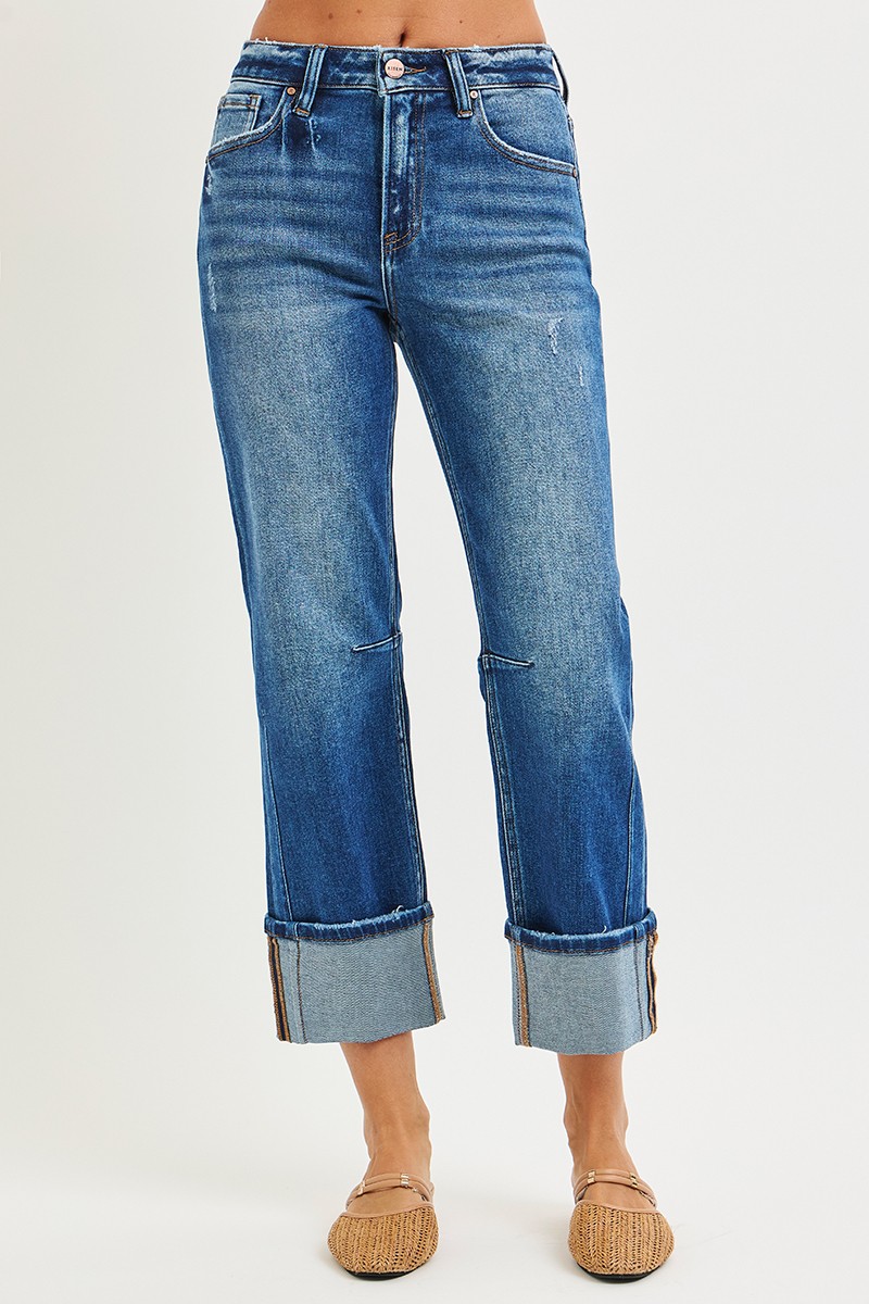 Risen High Rise Straight Jeans With Distressed Hem