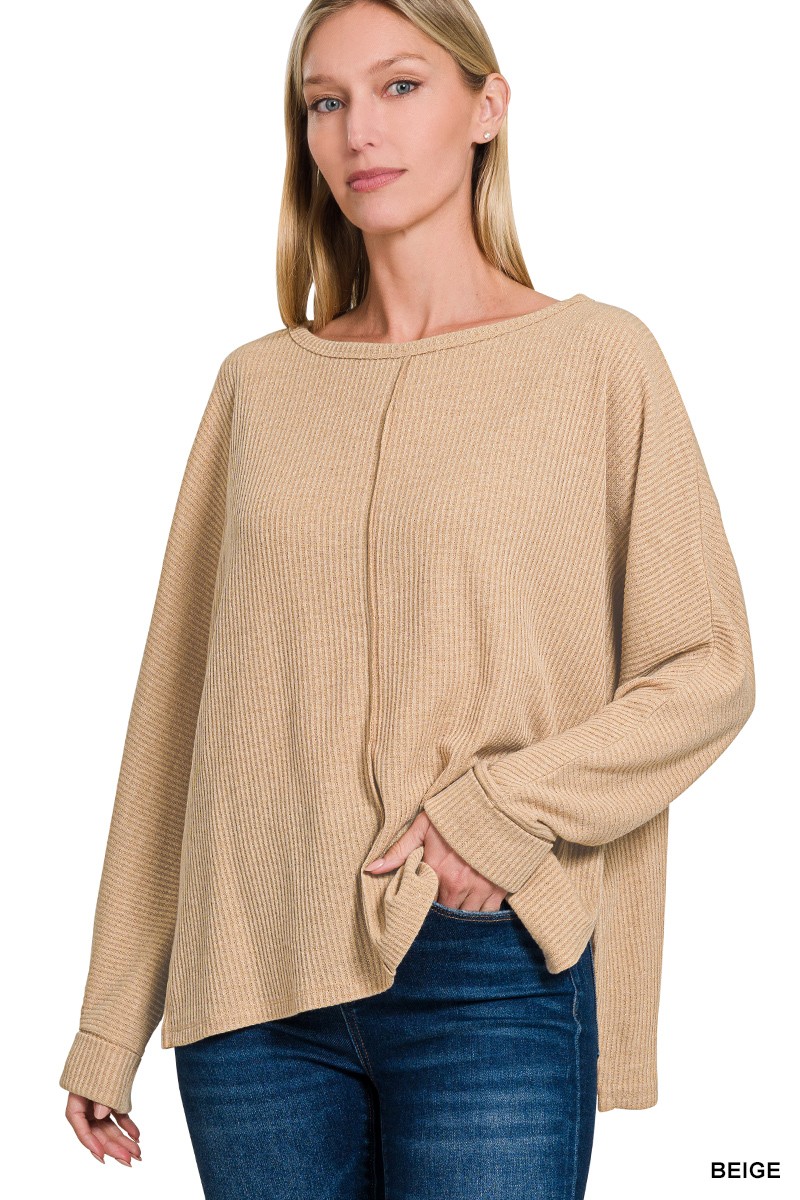 Zenana Ribbed Center Seam Dolman Sleeve Hi Low Sweater