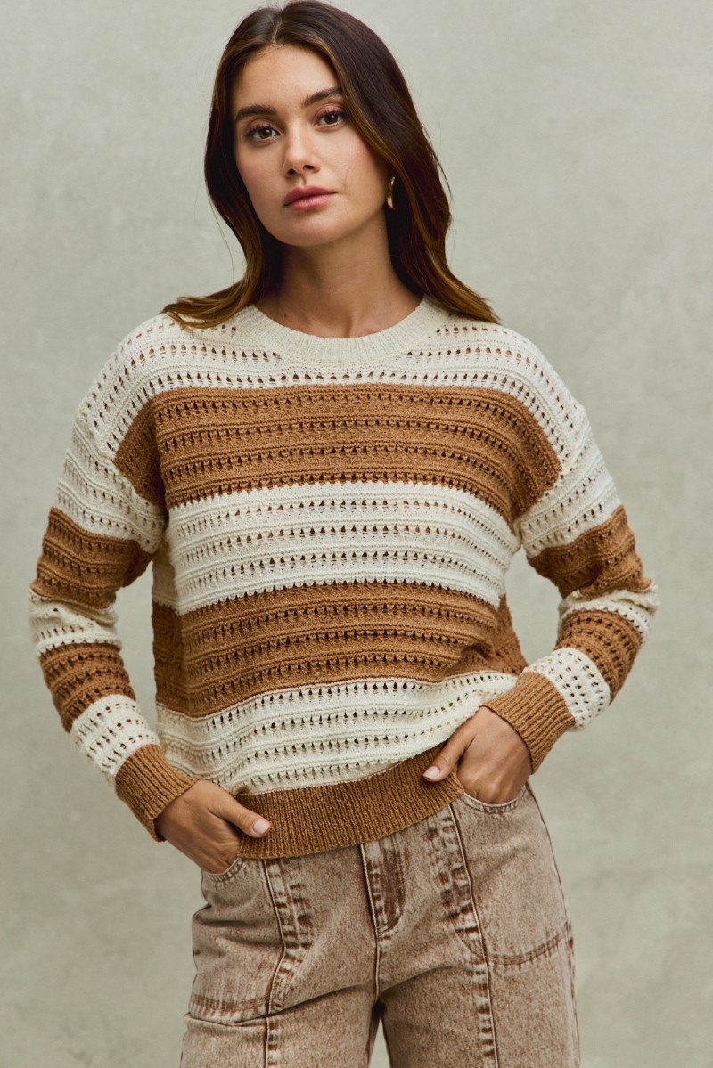 SO ME Openwork Round Neck Wide Stripe Textured Sweater