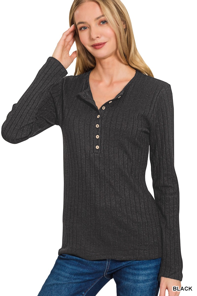 Ribbed Long Sleeve Half Button Top