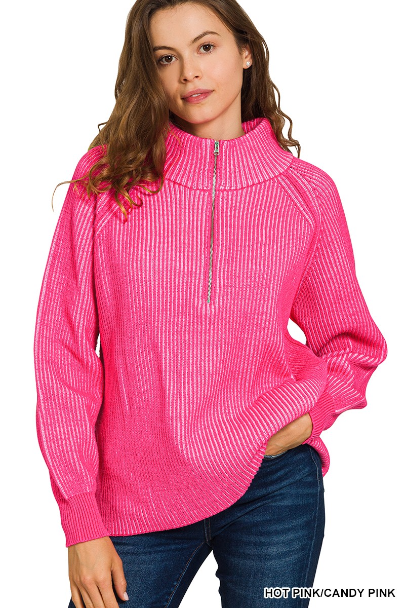 Ribbed Two Tone Half Zip Sweater