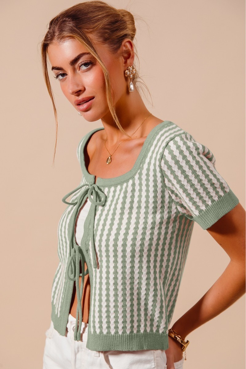 Tie Front Textured Vertical Stripe Knit Cardigan