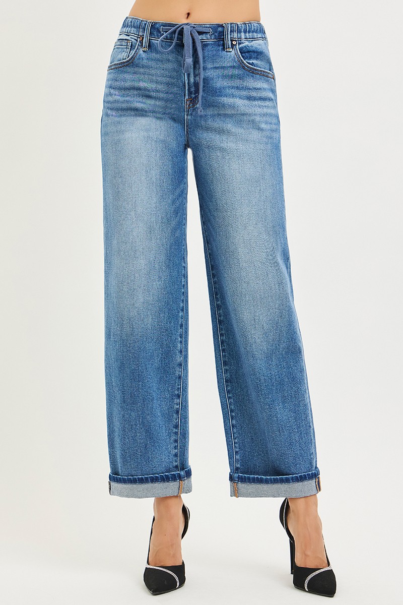 Elastic Band Slouch Ankle Boyfriend Cuffed Hem Jeans
