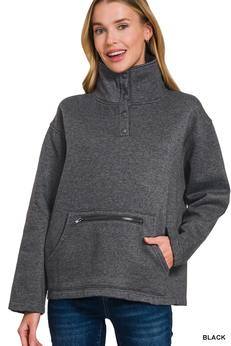 Fleece Washed High Neck Kangaroo Pocket Sweatshirt