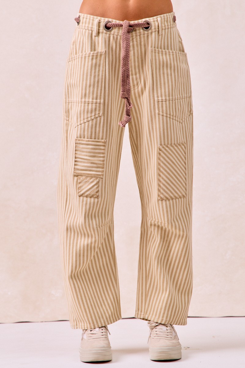 BiBi Drawstring Striped Twill Barrel Pants
