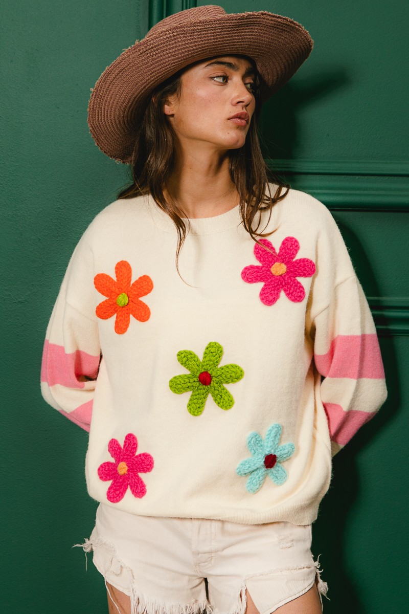 Colorful Floral Patched Sweater with Striped Sleeve