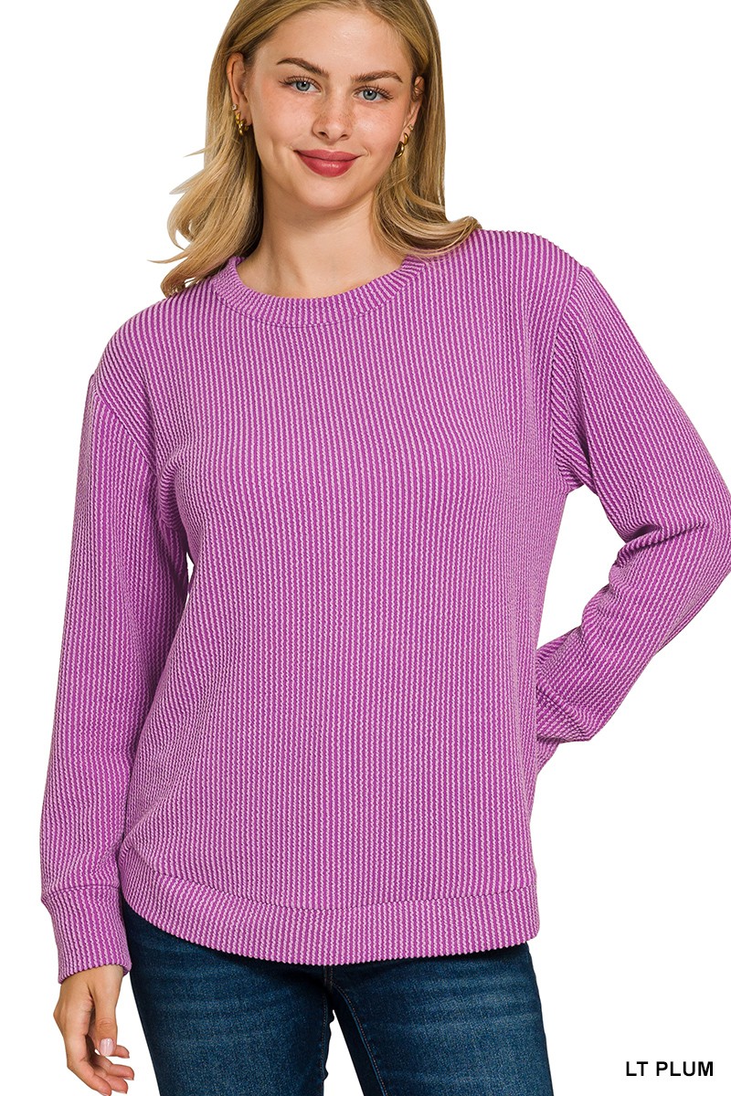 Zenana Full Size Raised Rib Round Neck Long Sleeve Top Plus Size
