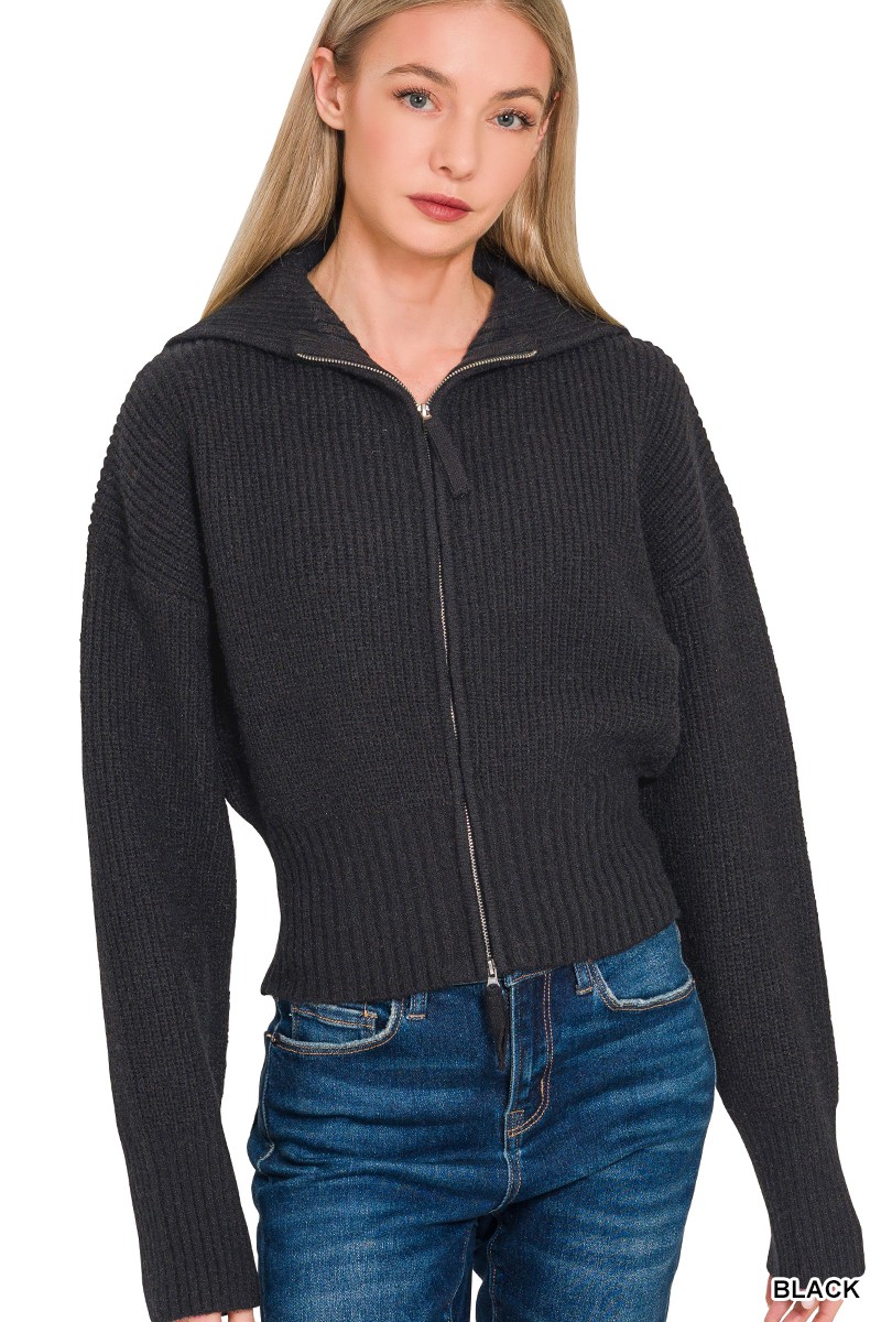 Zenana Ribbed Collared Zip Up Sweater Cardigan