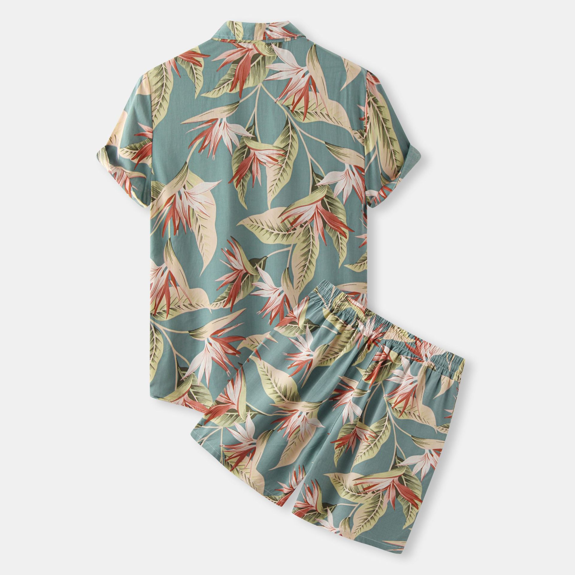 Men's Plus Size Printed Button Up Shirt and Shorts Set