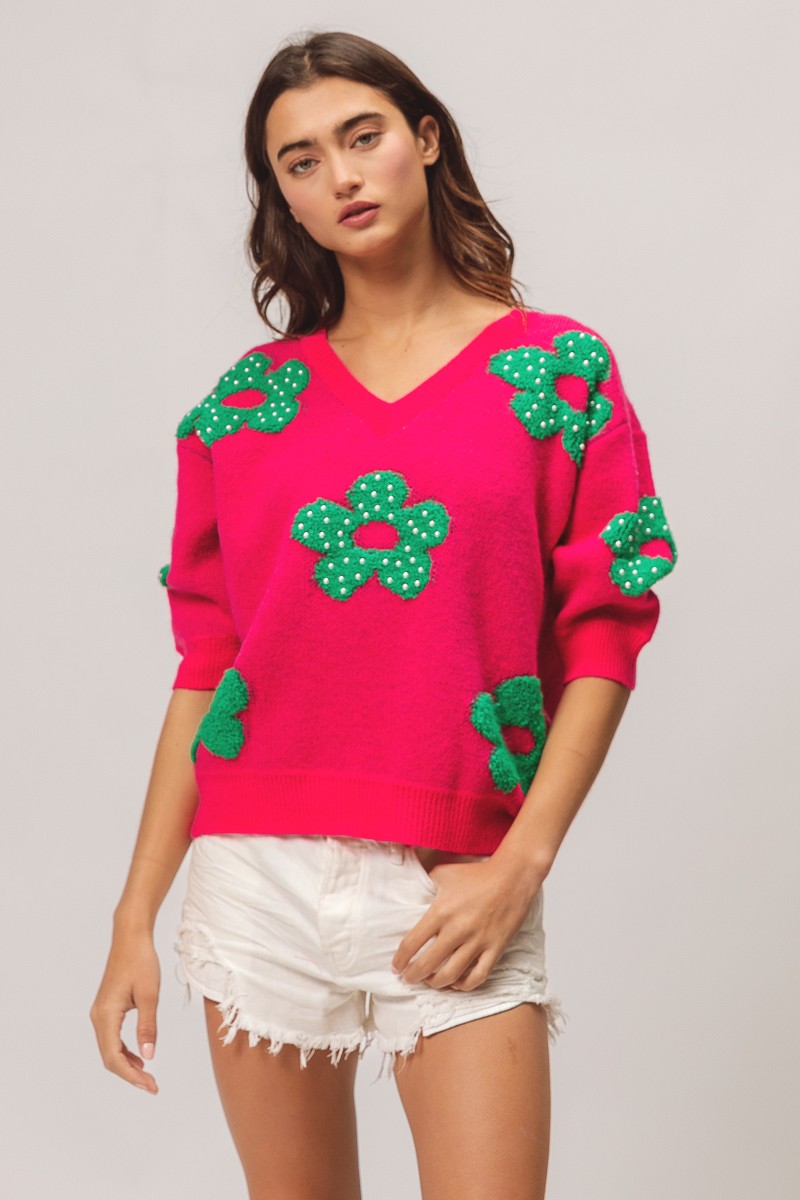 Pearl Beads Flowers Sweater Top