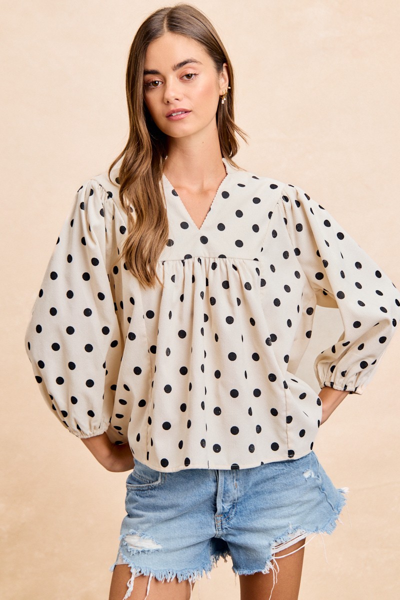 BiBi Polka Dot Corduroy Quarter Sleeves V Neck Blouse