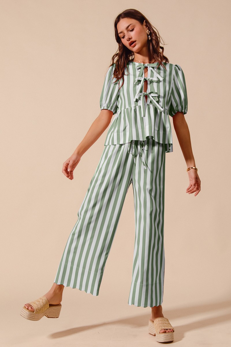 So Me Front Tie Stripe Puff Sleeves Top And Wide Leg Pants Set