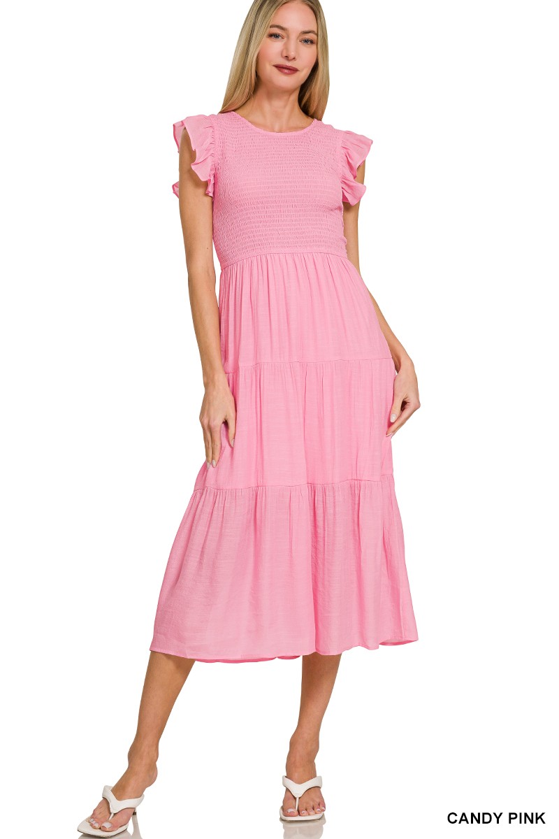 Zenana Woven Smocked Ruffle Sleeve Midi Dress