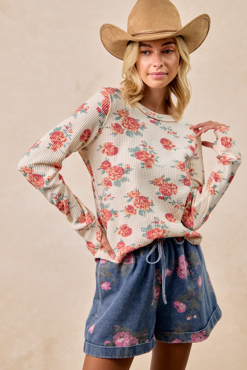 Floral Print Washed Waffle Thermal Top With Thumb