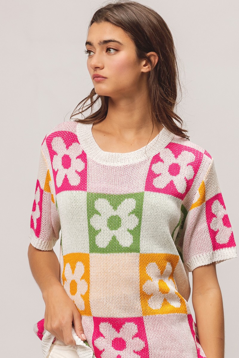 Flower Checker Pattern Lightweight Sweater Top