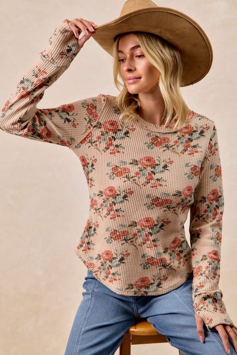 Floral Print Washed Waffle Thermal Top with Thumb