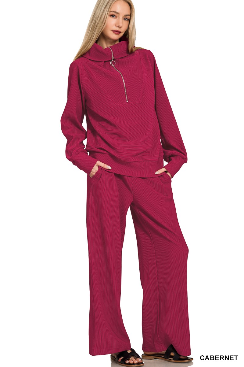 Ribbed High Neck Half Zip Pullover & Pants Set