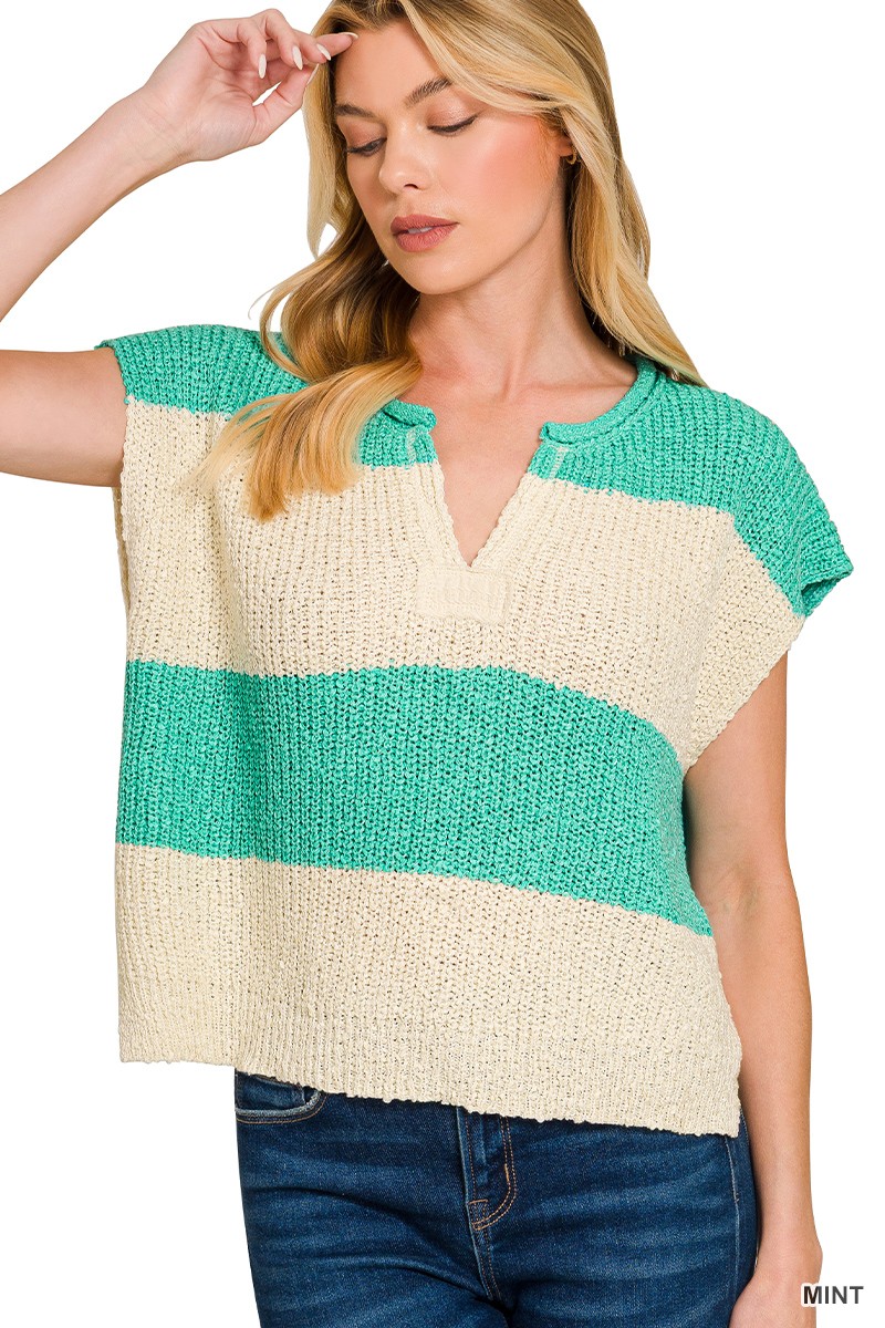 Zenana Split Neck Sleeveless Stripe Sweater