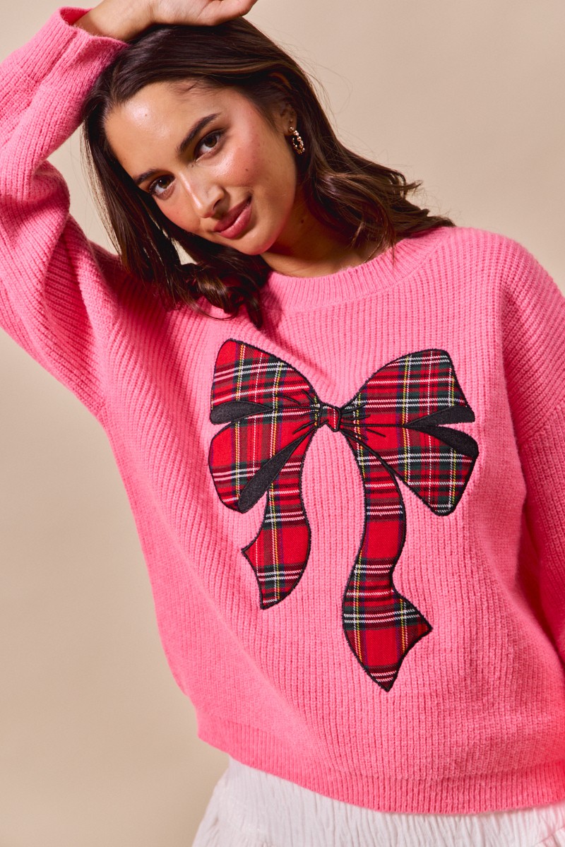 Checker Plaid Ribbon Christmas Holiday Sweater