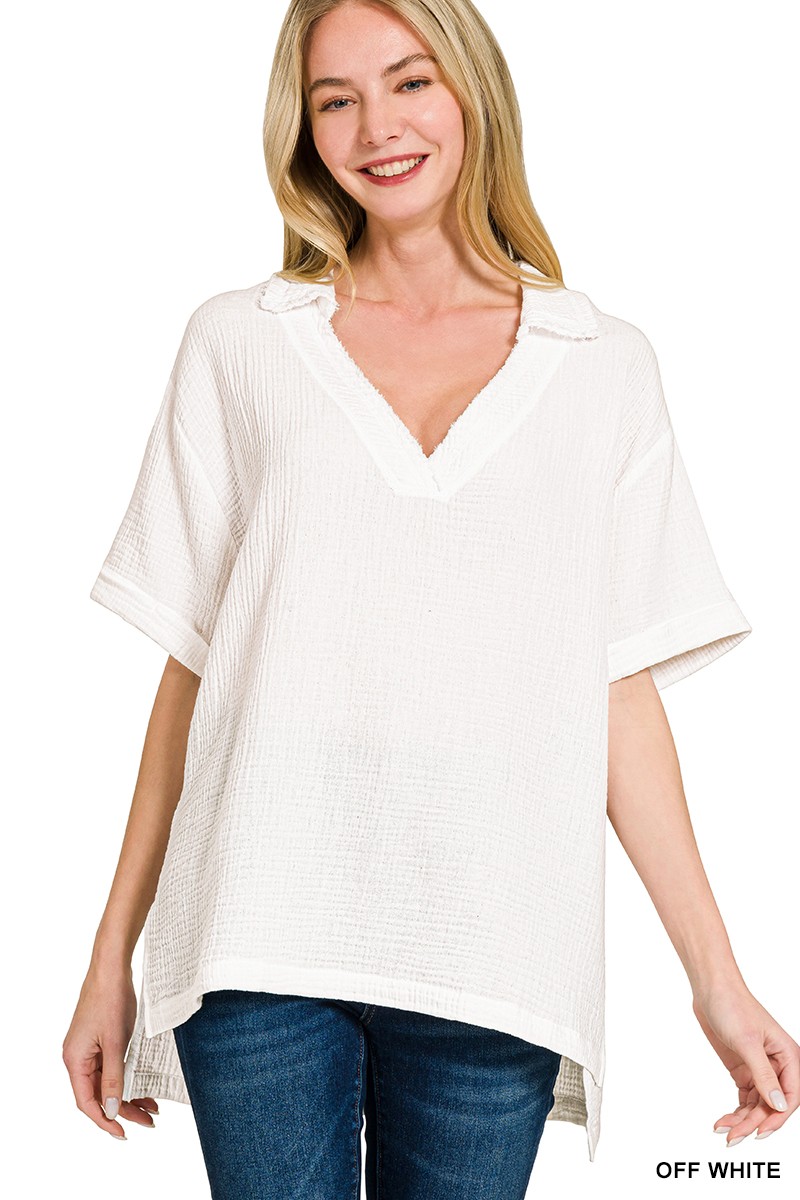 Zenana Double Gauze Short Sleeve High-Low Top