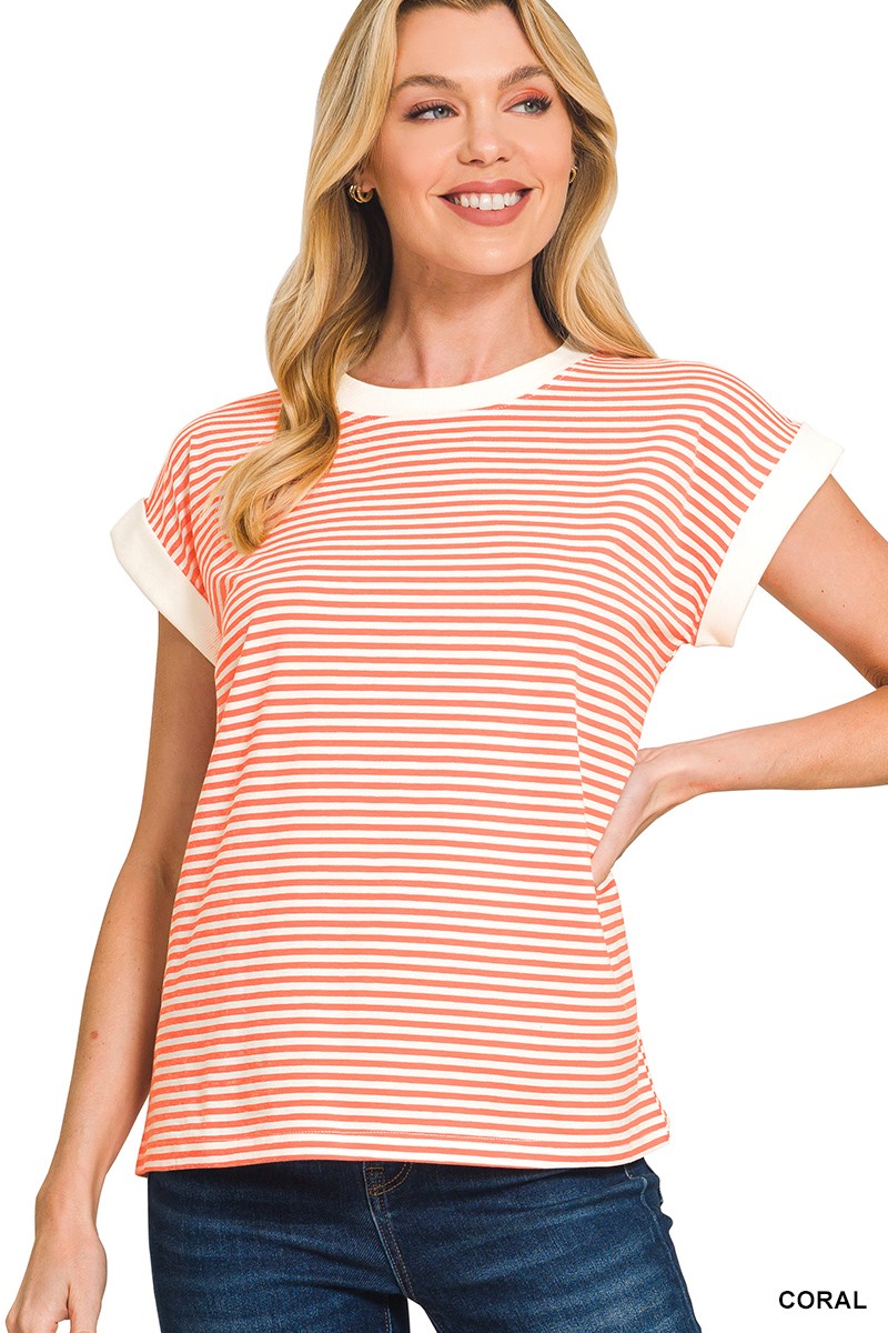 Zenana Striped Round Neck Short Sleeve Contrast Trim T-Shirt