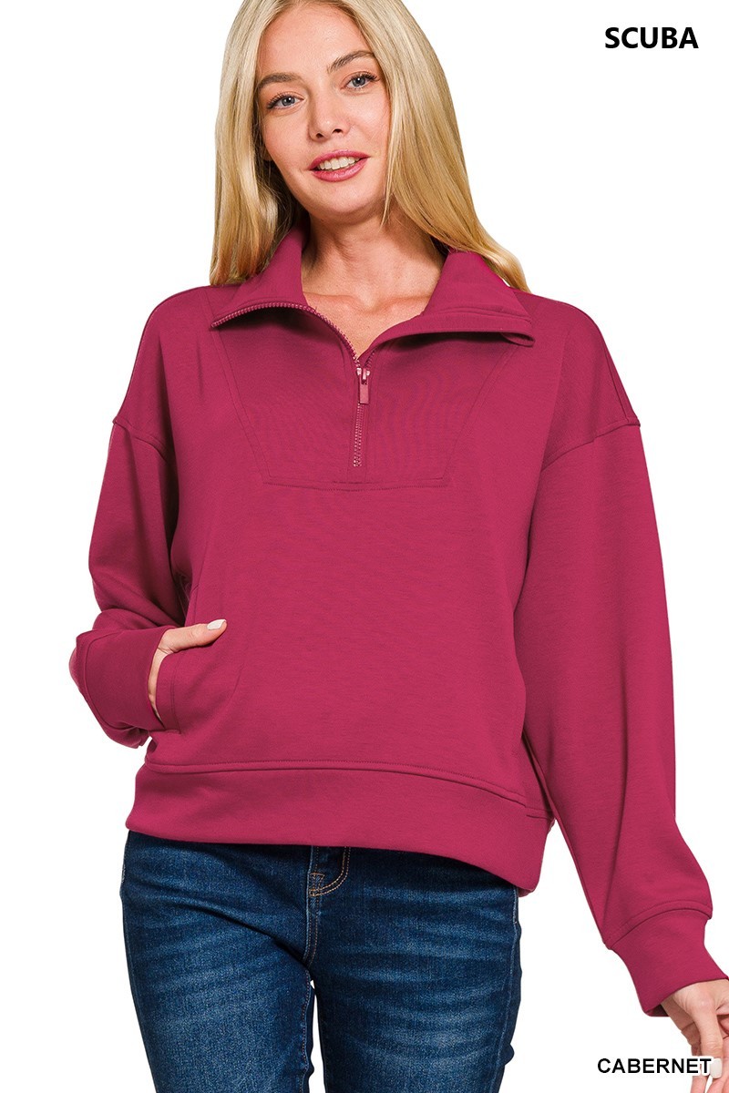 Zenana Scuba Half Zip Sweatshirt with Pockets