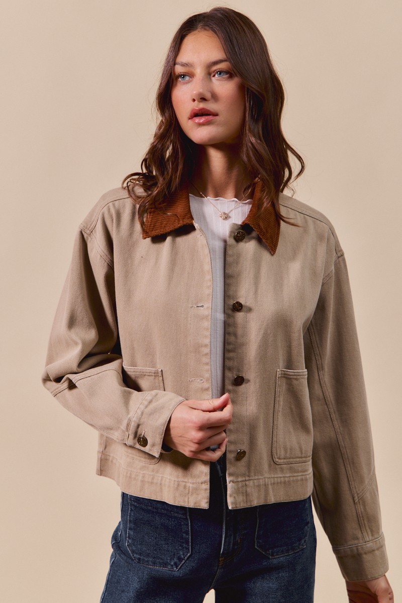 Cotton Twill Cropped Barn Jacket wtih Collar