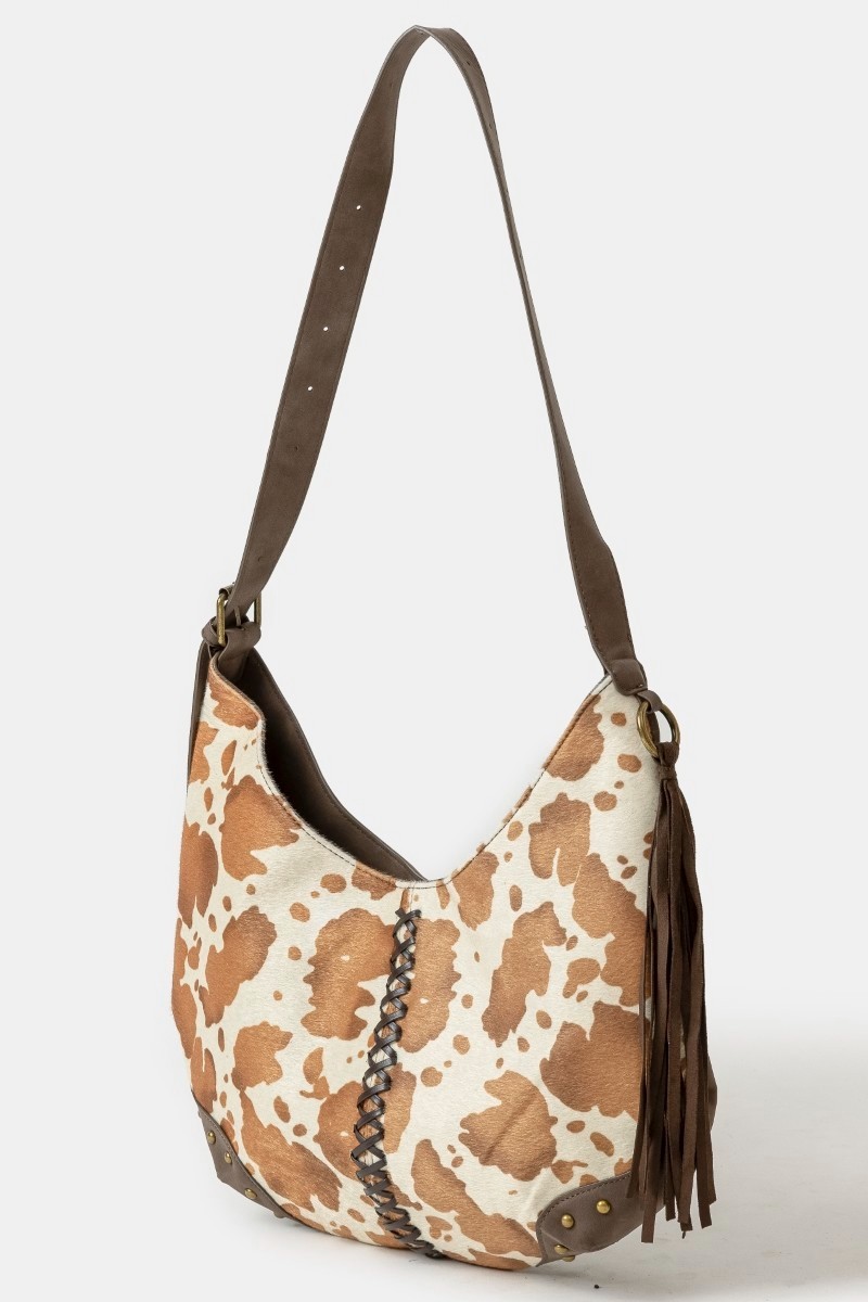 Fame Cow Print Hobo Shoulder Bag with Studded Details