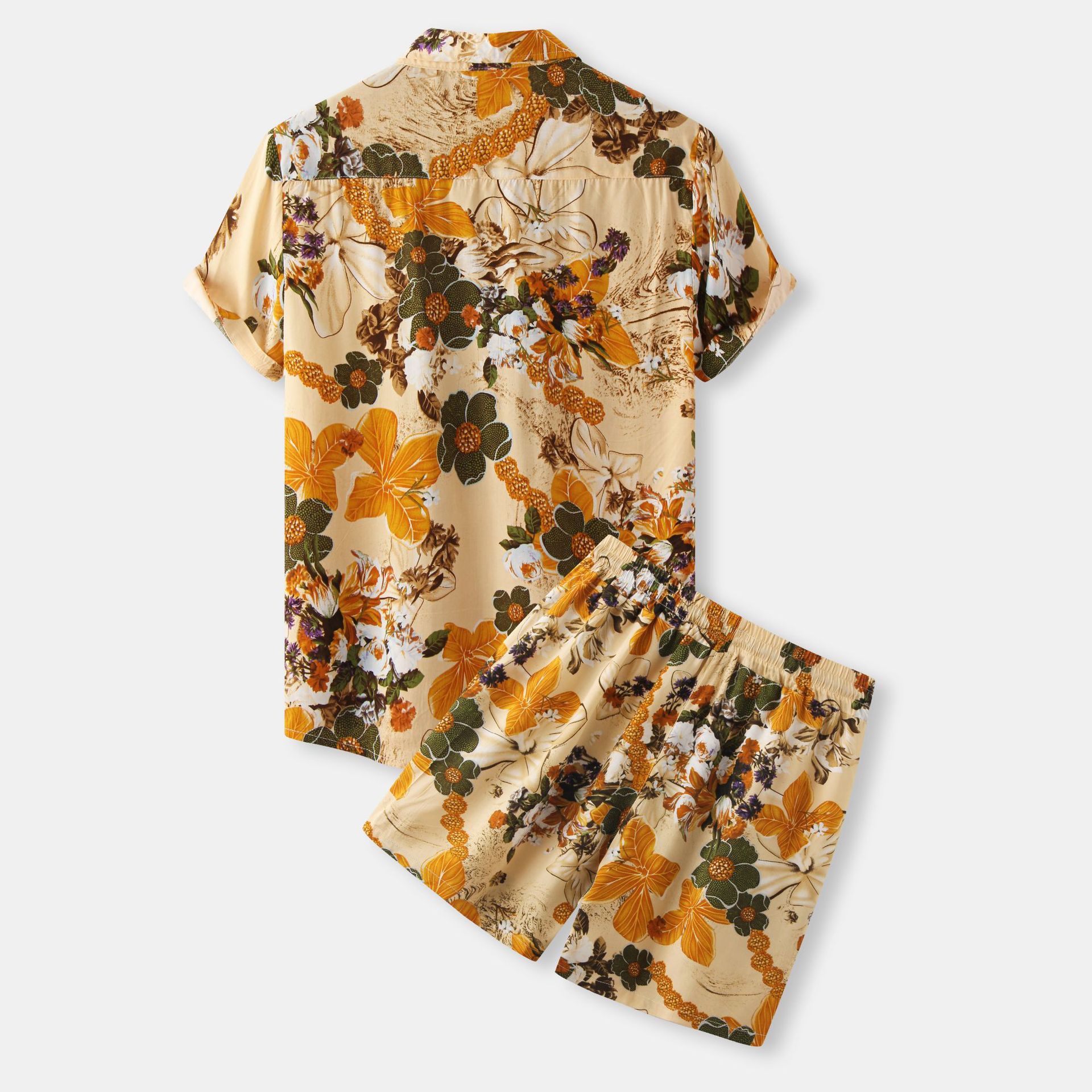 Men's Plus Size Printed Button Up Shirt and Shorts Set