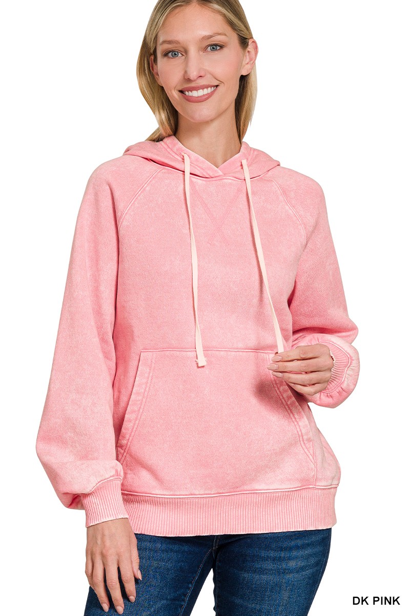 Zenana Acid Wash Fleece Hoodie with Kangaroo Pocket